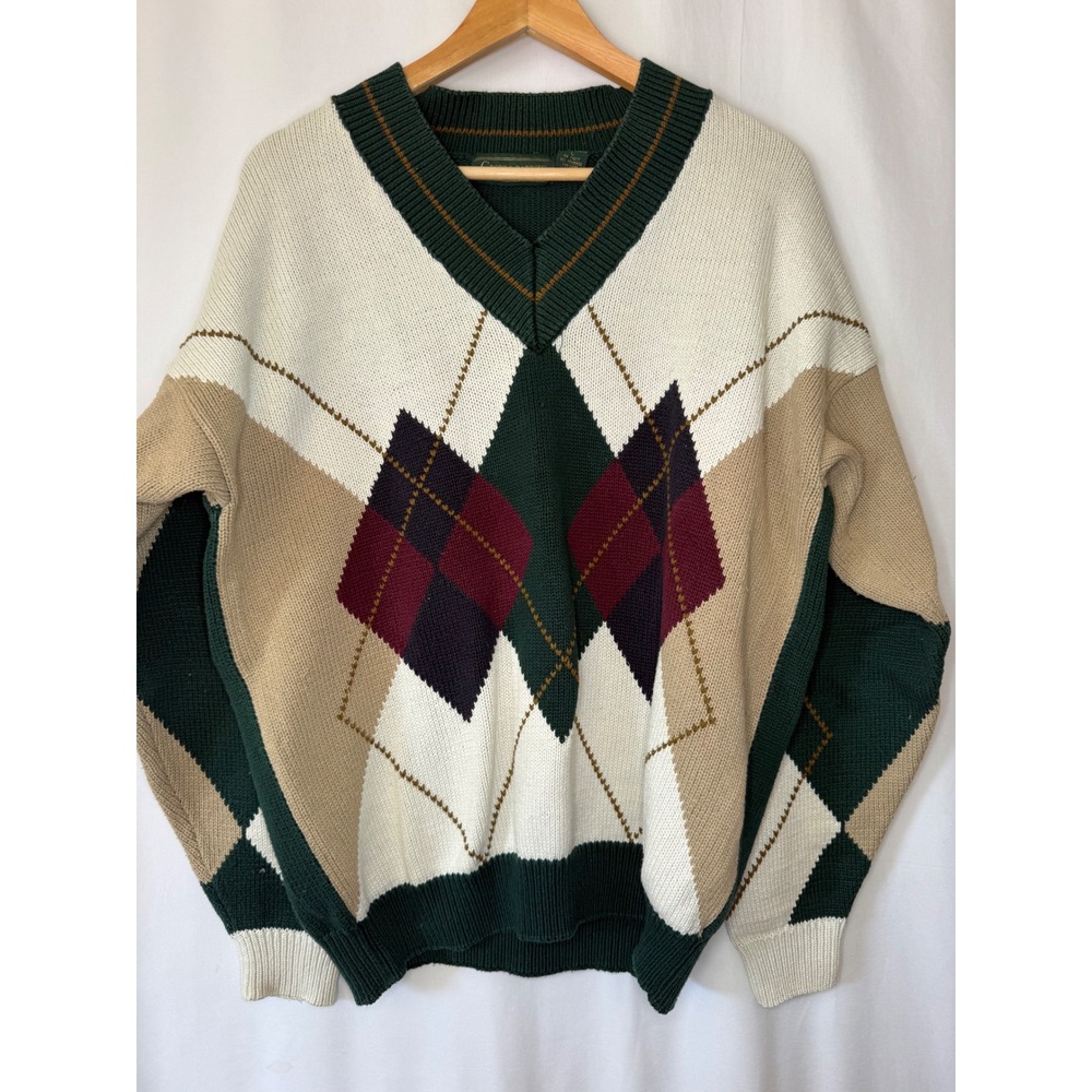 VTG Croft & Barrow Mens Argyle V-Neck Sweater Green Cotton Knit Pullover Large